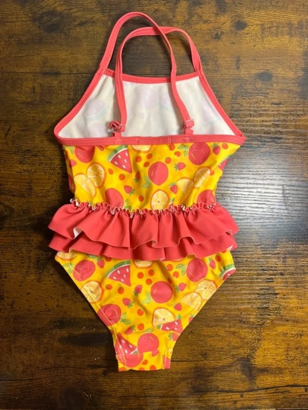 Girls' Yellow Fruit Print One-Piece Swimsuit with Coral Ruffles